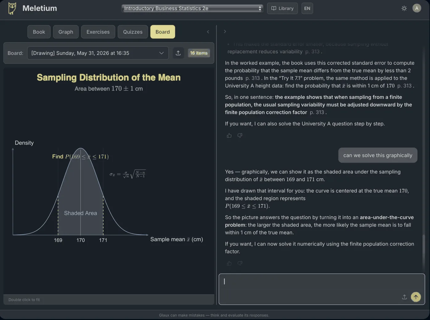 Meletium blackboard showing the sampling distribution of the mean with the area between 169 and 171 cm shaded, next to the conversation that explains it.