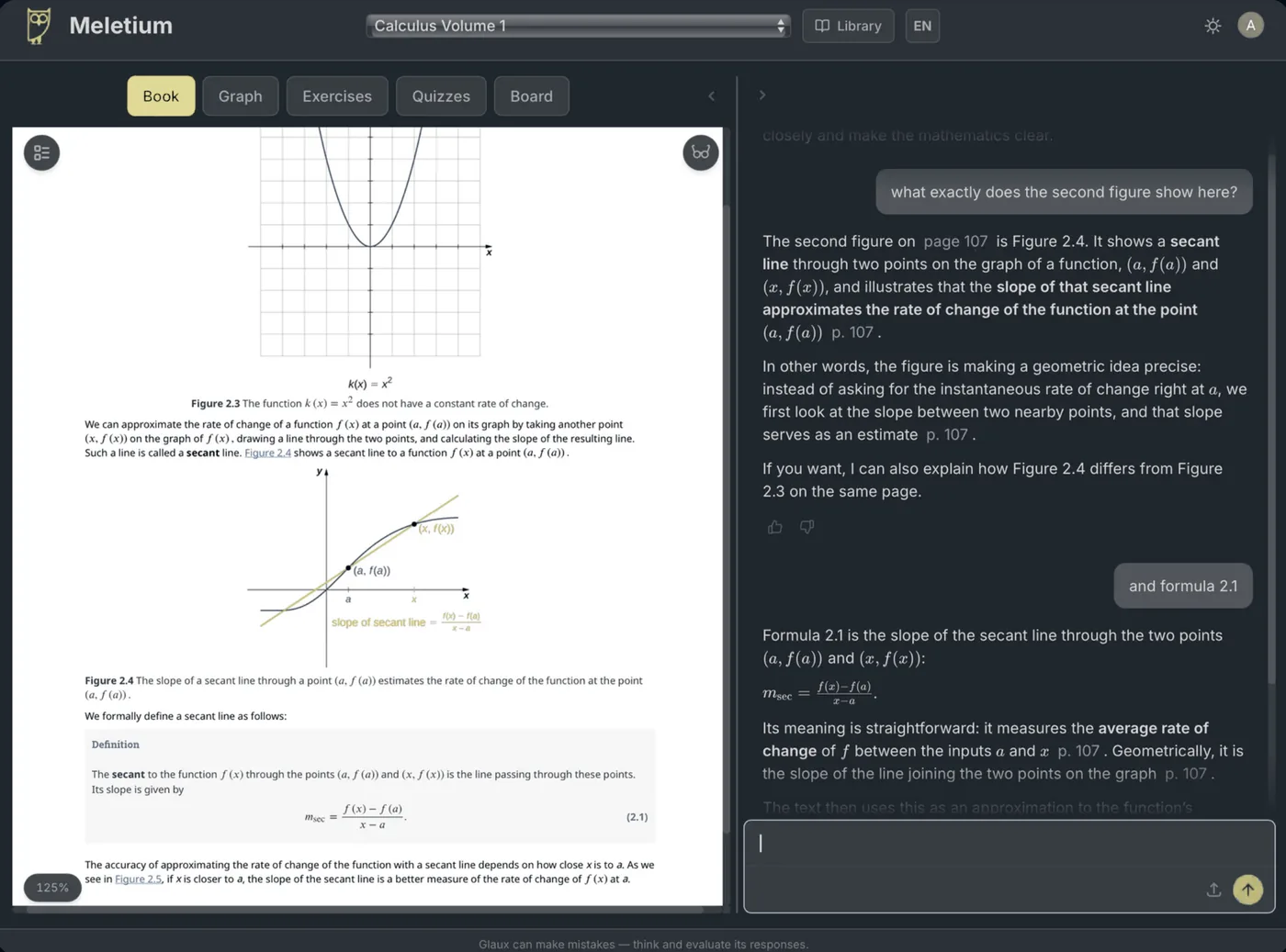 Meletium showing a calculus textbook page next to a conversation that explains Figure 2.4 and formula 2.1, with page 107 cited in each answer.