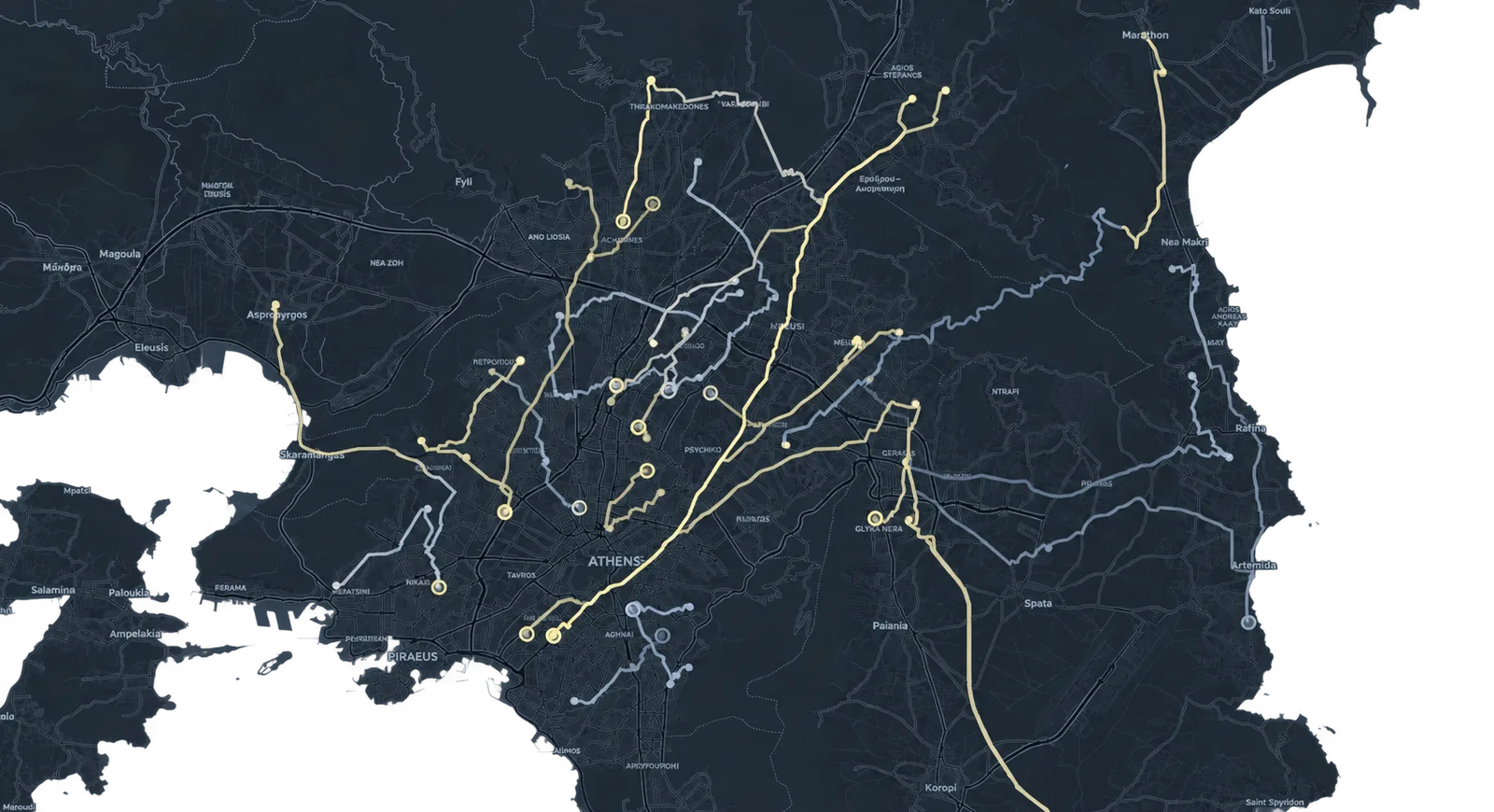 Map of Athens showing optimal service-crew routes and stops in slate and pale yellow.